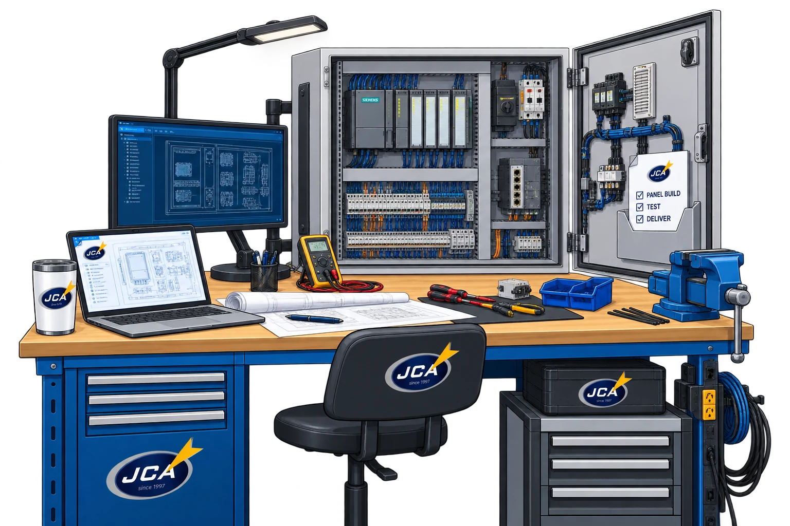 Industrial workbench, electrical control panel, and engineering laptop