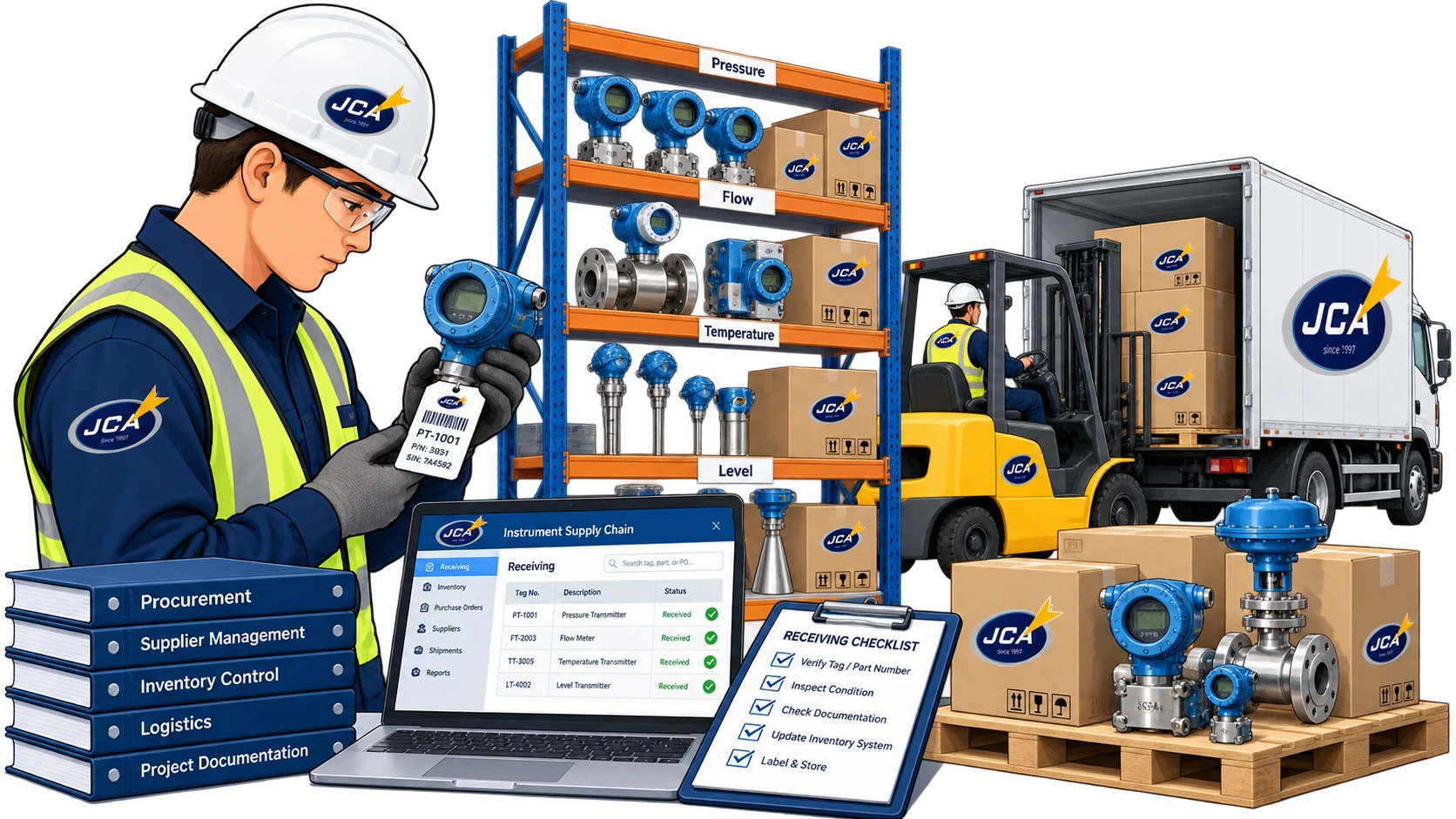 JCA instrument supply chain operations including procurement, receiving, inventory, warehouse logistics, and final delivery